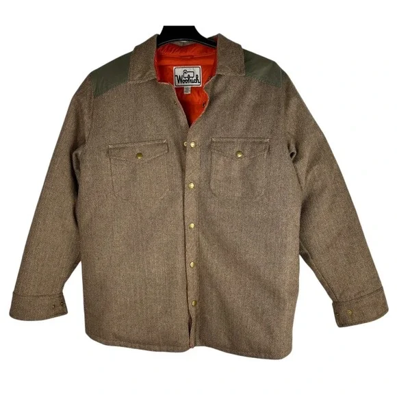 Woolrich 550 Fill Down Herringbone Wool Blend Barn Coat Jacket Mens Large Brown - Picture 3 of 15